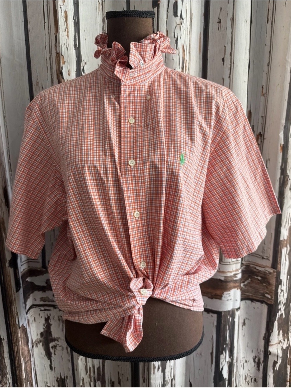 Reworked upcycled ruffle Ralph Lauren large plaid button down shirt